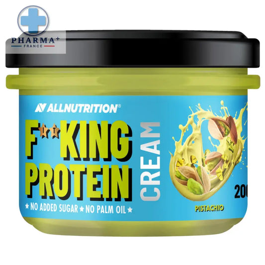 Allnutrition fitking protéine cream pistache 500 g dans un pot vert lime avec couvercle noir et étiquette bleue