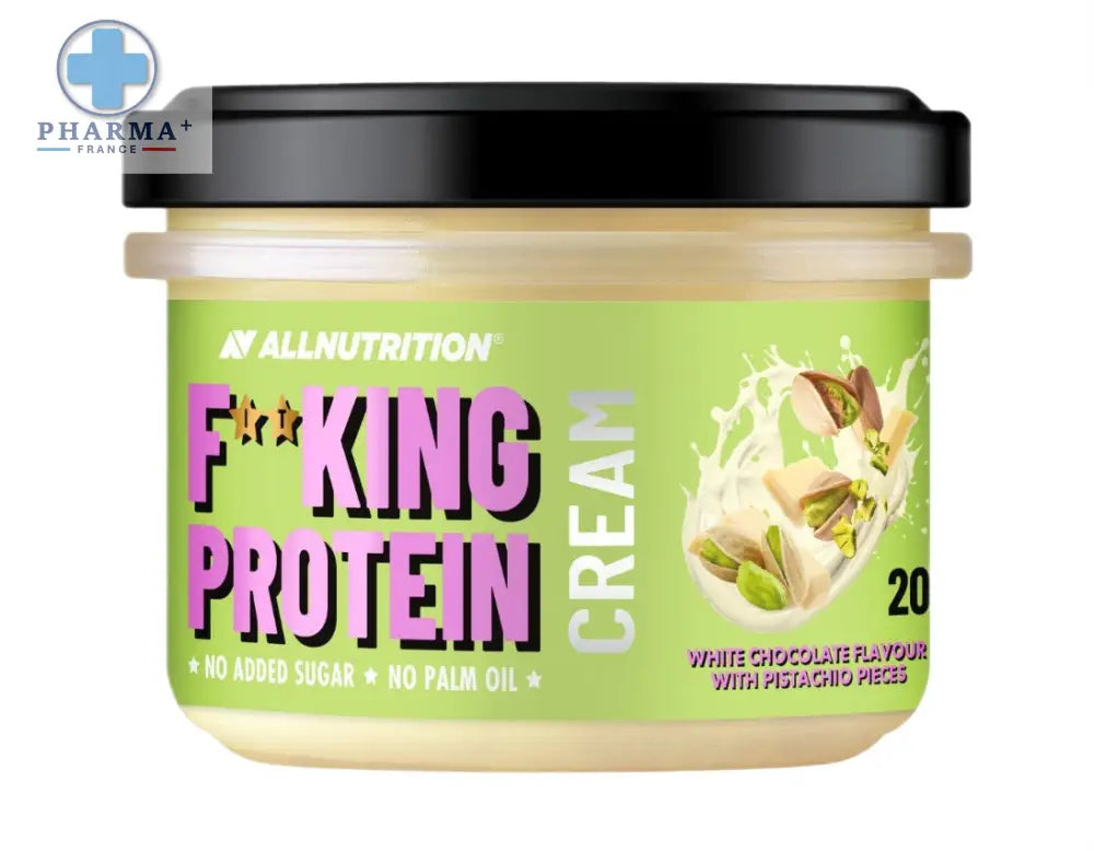 Pot de fitking protéine cream allnutrition fitking chocolat blanc pistache 500 g avec morceaux de pistache