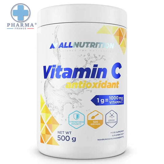 White cylindrical container of allnutrition vitamine c antioxidant powder with blue and yellow geometric label for complément alimentaire