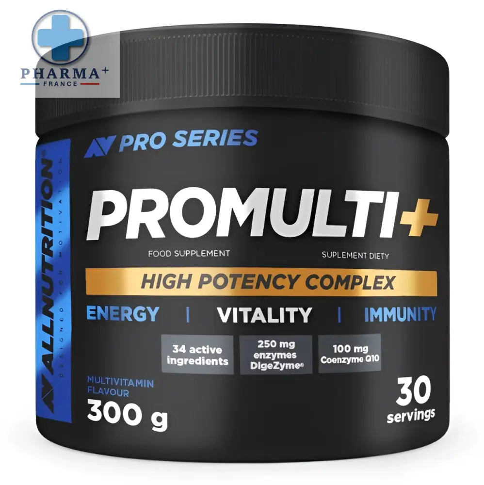 Boîte cylindrique noire allnutrition pro series promulti+ multivitamines avec étiquette bleue et or et couvercle nervuré noir