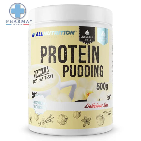 Un contenant cylindrique blanc de allnutrition protéine pudding saveur vanille 500 g avec étiquette jaune pâle et texte noir