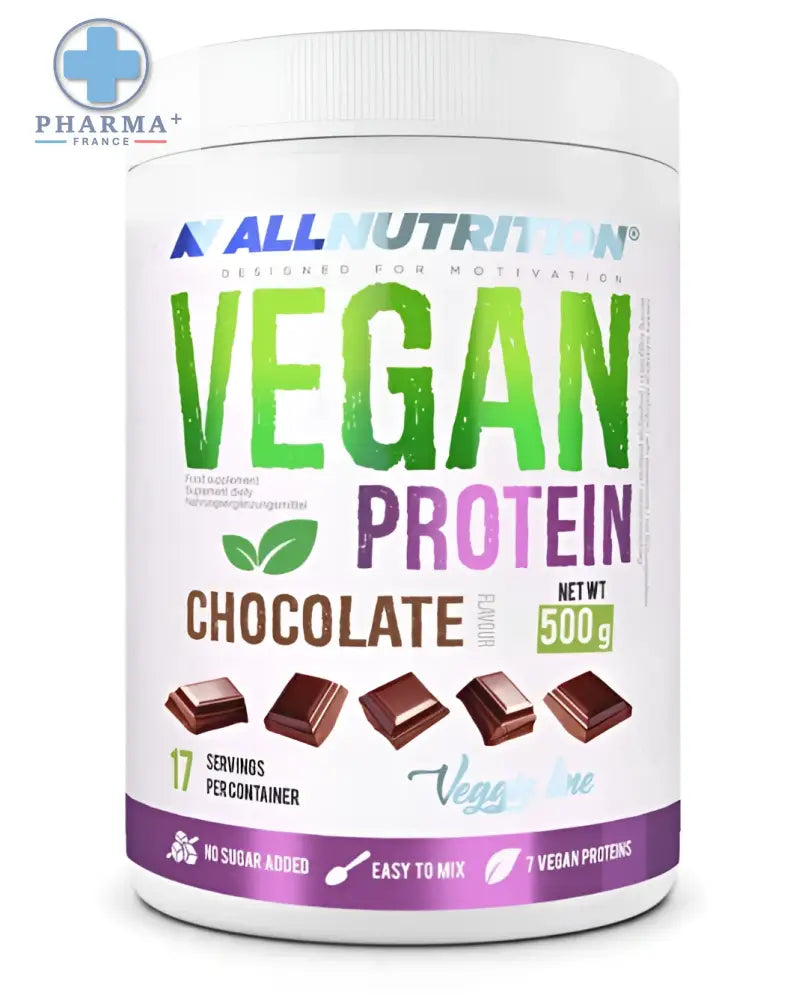 Contenant blanc cylindrique d allnutrition vegan protéine chocolat 500 g pour nutrition végétalienne