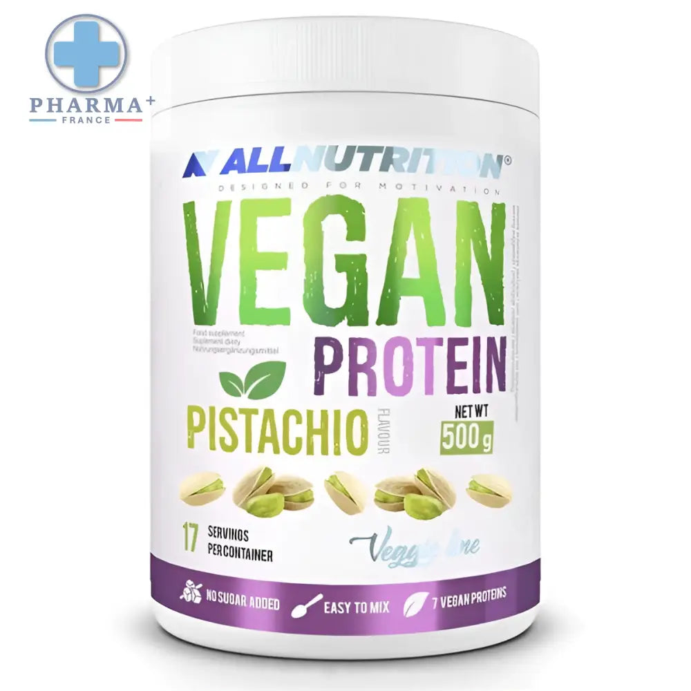 Conteneur blanc cylindrique allnutrition vegan protéine végétale pistache 500 g net poids
