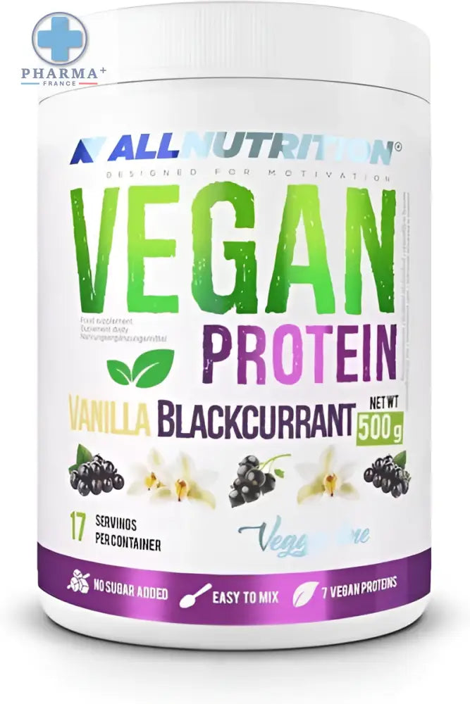 White cylindrical container of allnutrition vegan protéine végétale vanilla blackcurrant flavor with 500g net weight