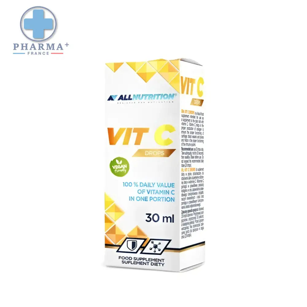 Boîte blanche et or d allnutrition vit c drops complexe vitaminé découvrez complément de vitamine c 30 ml