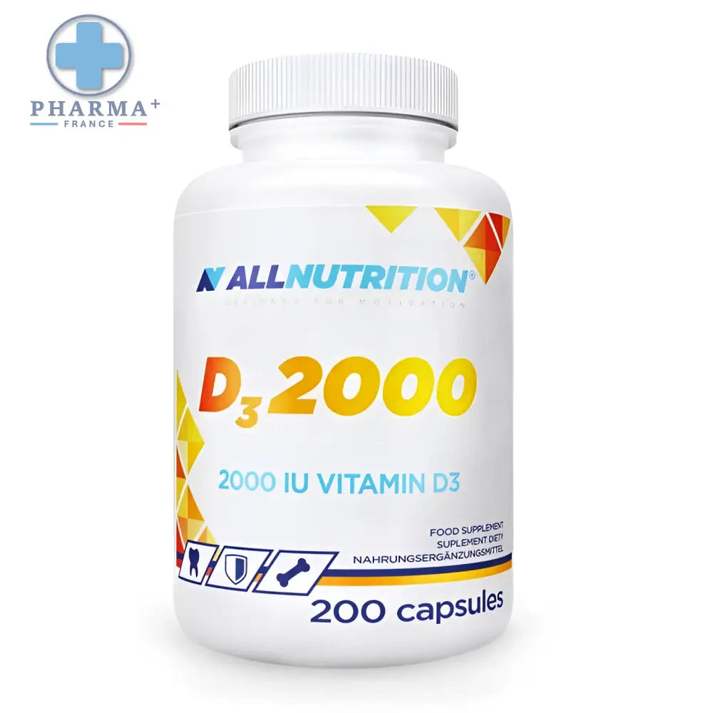 Bouteille blanche en plastique allnutrition vit vitamine d3 2000 ui 200 capsules complément alimentaire vitaminé