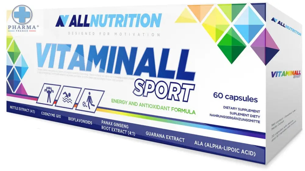 Boîte blanche rectangulaire allnutrition vitaminall sport complément alimentaire 60 gélules avec motifs géométriques colorés