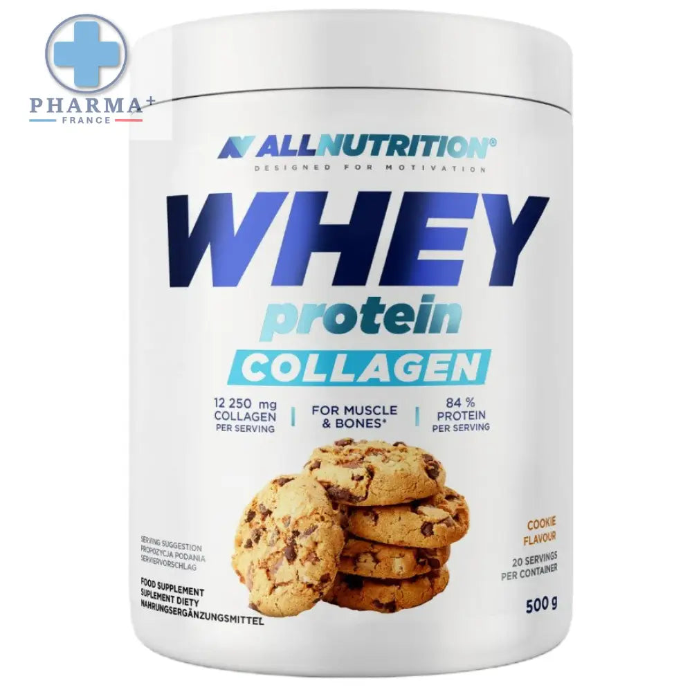 Conteneur blanc cylindrique d allnutrition whey protéine collagen goût biscuit avec étiquette bleue et image cookies
