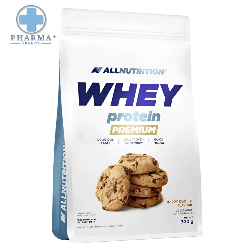 Allnutrition whey protéine premium saveur happy cookie 908 g en sachet blanc et bleu avec cookies chocolat