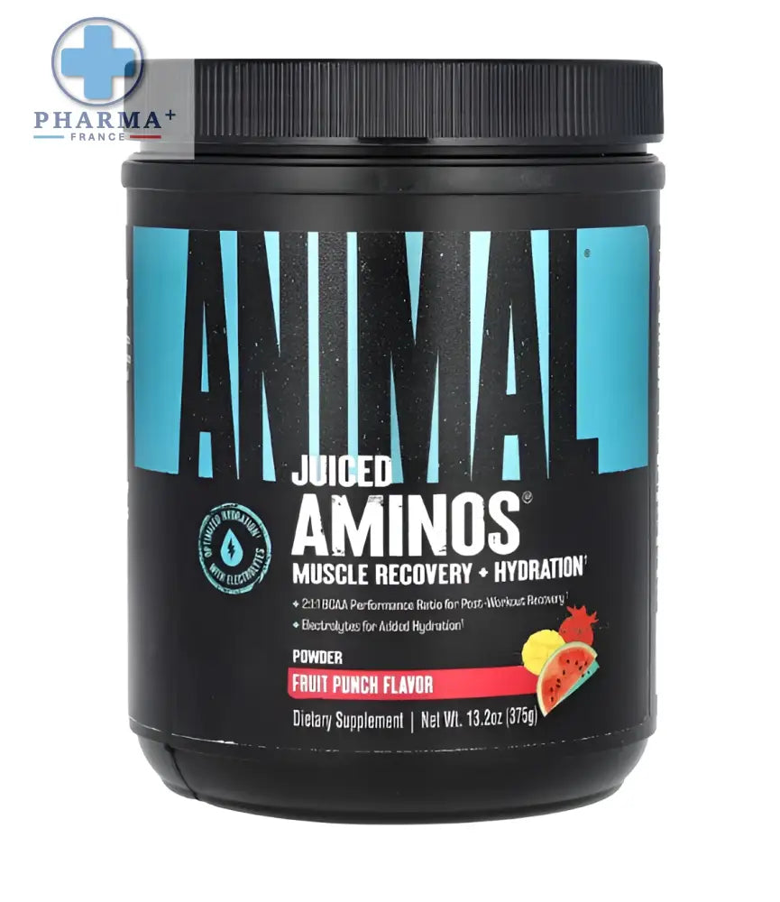 Contenant noir cylindrique animal acides aminés juiced punch aux fruits saveur fruit punch avec branding bleu et pastèque
