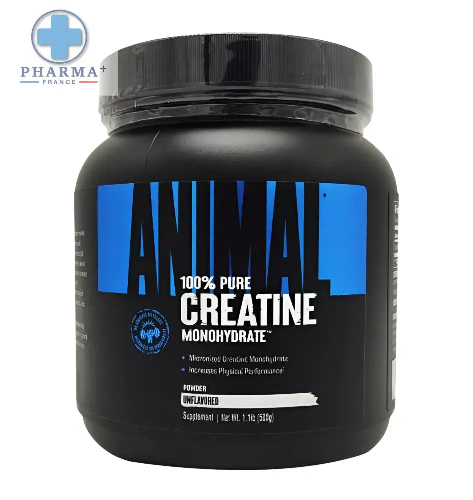 Conteneur noir en plastique d animal créatine poudre monohydrate pure sans arôme 500 g avec texte bleu et blanc
