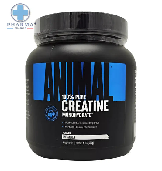 Conteneur noir en plastique d animal créatine poudre monohydrate pure sans arôme 500 g avec texte bleu et blanc
