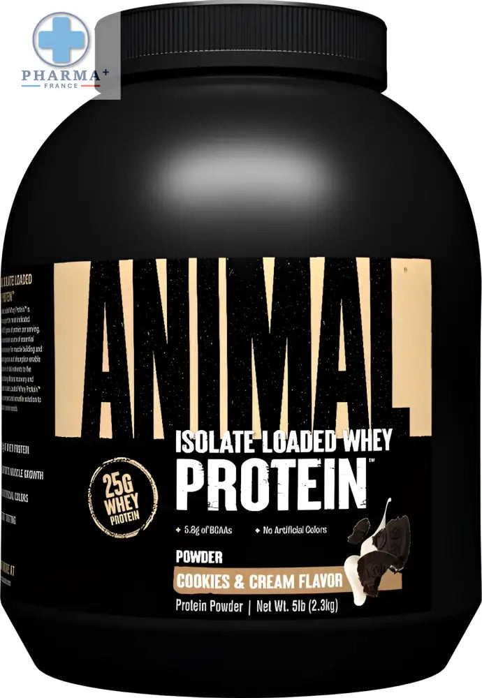 Pot de plastique noir animal animal whey isolat de protéines cookies cream 2.3 kg pour nutrition sportive