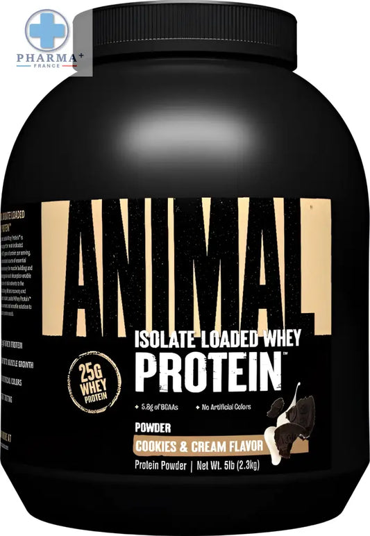 Pot de plastique noir animal animal whey isolat de protéines cookies cream 2.3 kg pour nutrition sportive