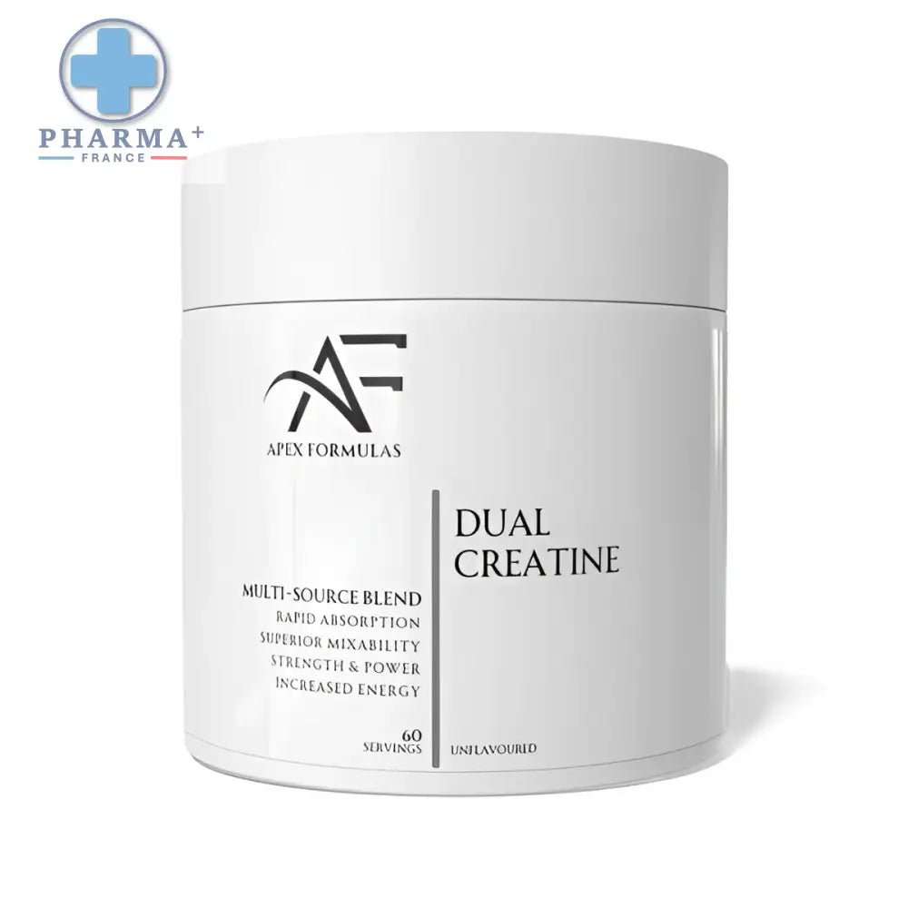 Contenant cylindrique blanc de apex formulas dual créatine complément alimentaire en poudre 500 g avec logo noir