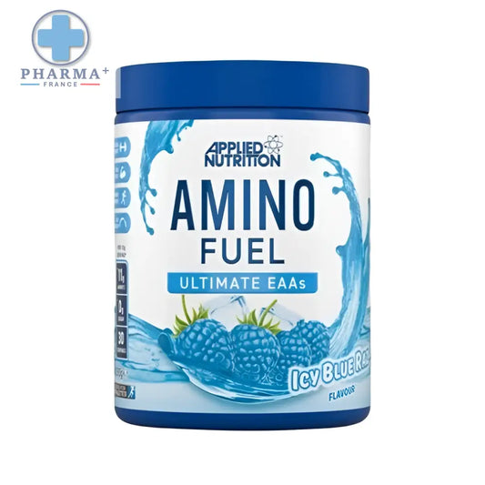 Applied nutrition acides aminés amino fuel saveur icy blue raz en pot blanc avec couvercle et graphisme bleu