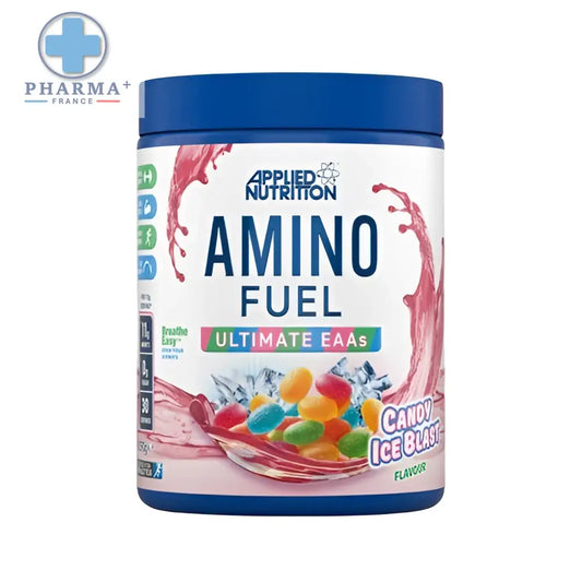 Applied Nutrition Amino Fuel acides aminés candy icy blast 390 g en pot blanc avec couvercle bleu et étiquette colorée