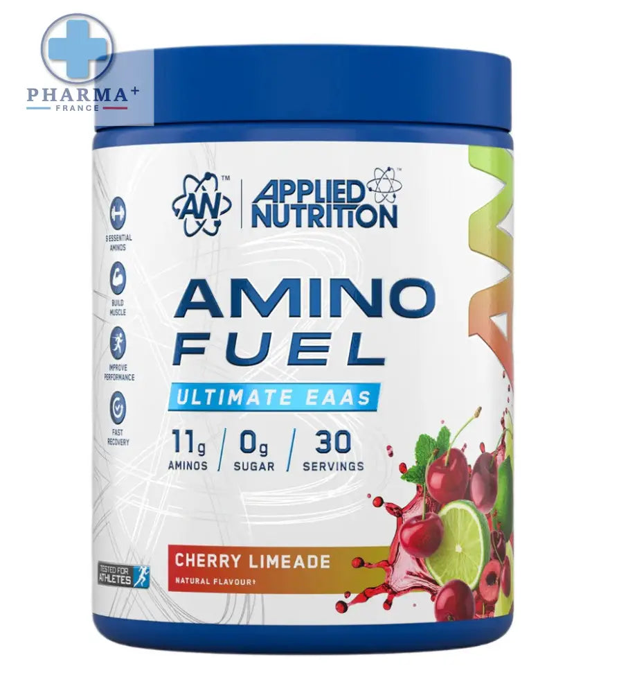 Bocal bleu et blanc de applied nutrition amino fuel acides aminés saveur cherry limeade 450 g
