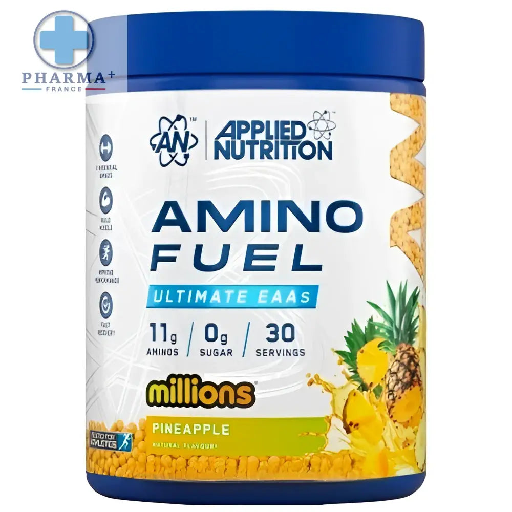 Blue-capped container of applied nutrition amino fuel in pineapple flavor 540 g for millions pineapple energy boost