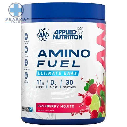 Conteneur bleu cylindrique d applied nutrition amino fuel saveur raspberry mojito 312 g pour nutrition sportive
