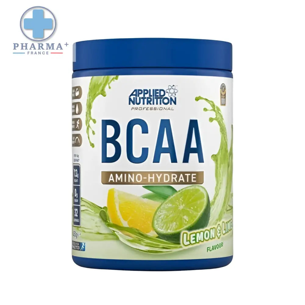 Applied nutrition bcaa amino hydrate 450 g en container bleu saveur citron lime avec images de citron et lime