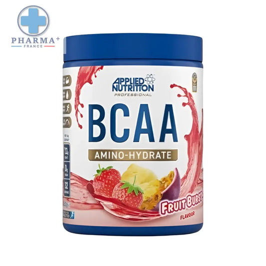 Récipient cylindrique à couvercle bleu applied nutrition bcaa acides aminés fruit burst avec étiquette blanche et images de fruits vifs