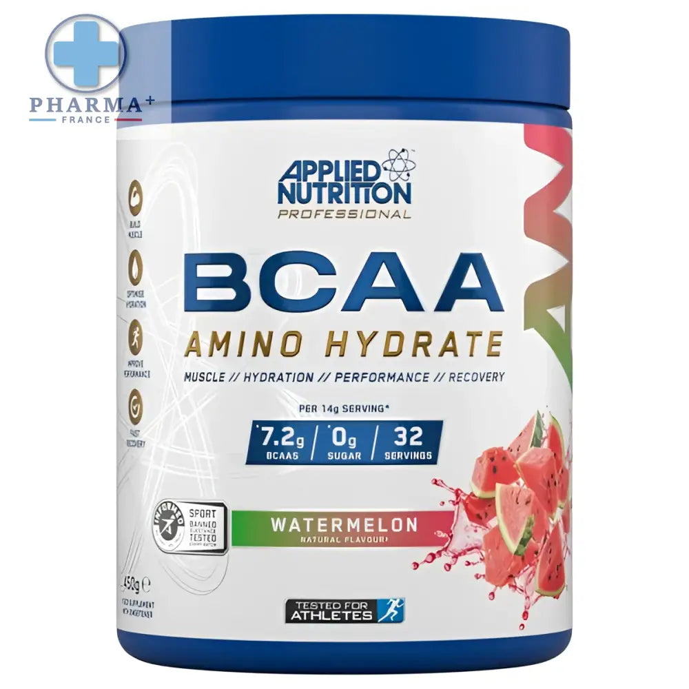 Applied nutrition bcaa amino hydrate pastèque en récipient cylindrique bleu pour nutrition bcaa professionnelle