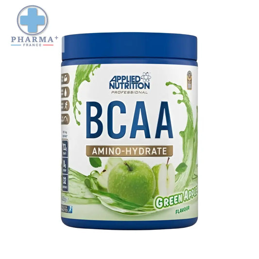 Conteneur cylindrique bleu de applied nutrition bcaa amino hydrate saveur green apple avec étiquette blanche et images de pomme verte