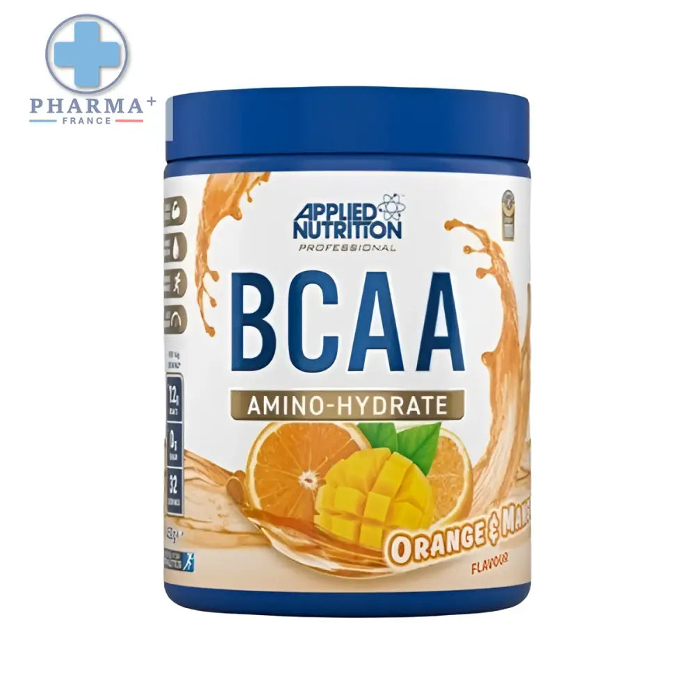 Container bleu de applied nutrition bcaa amino hydrate saveur orange mangue 450 g avec illustrations d’orange et de mangue