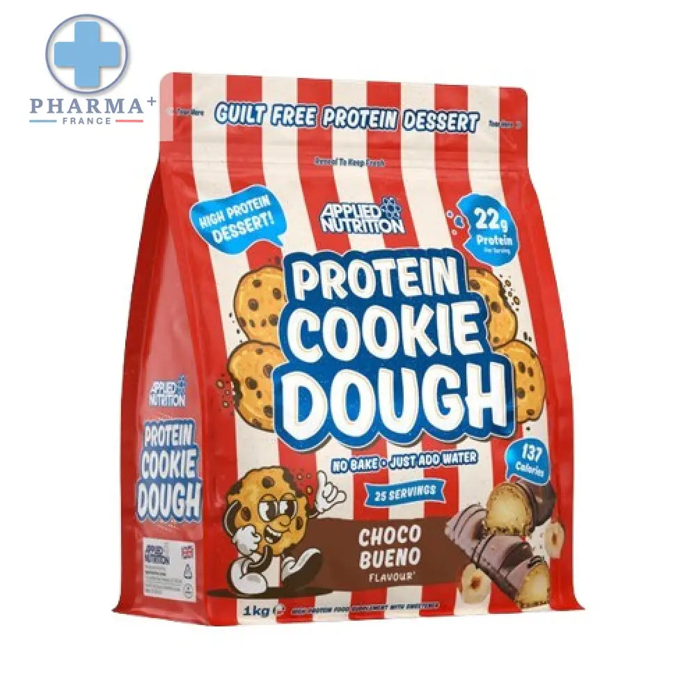 Sachet rayé rouge et blanc de applied nutrition protéine biscuits choco bueno au goût cookie dough 1 unité