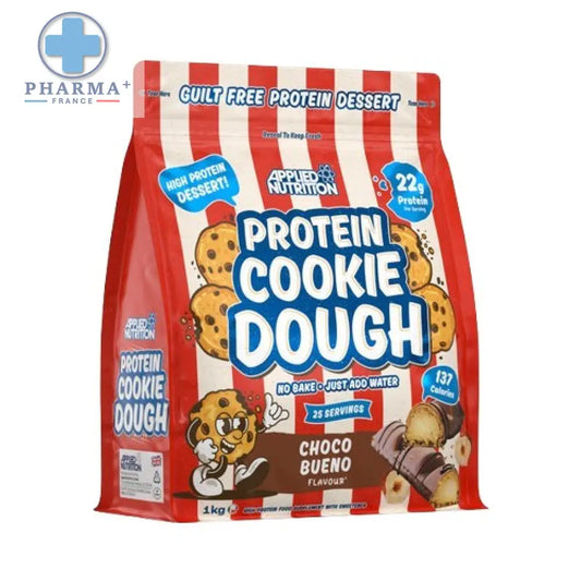 Sachet rayé rouge et blanc de applied nutrition protéine biscuits choco bueno au goût cookie dough 1 unité