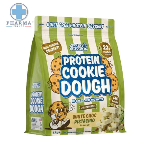 Sac vert et blanc de biscuits protéinés applied nutrition saveur white choc pistachio pour collation saine