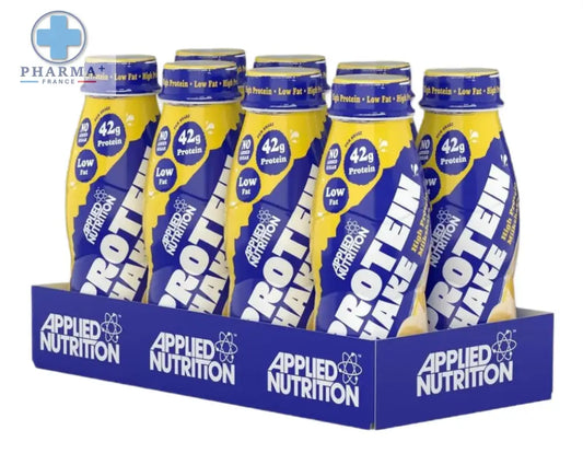Bouteilles bleues et jaunes applied nutrition high protein shake 42g protéine faible en gras saveur banana delight