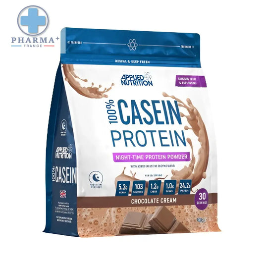 Applied nutrition casein protéine chocolat cream 1 8 kg poudre de nuit en sachet refermable bleu et blanc