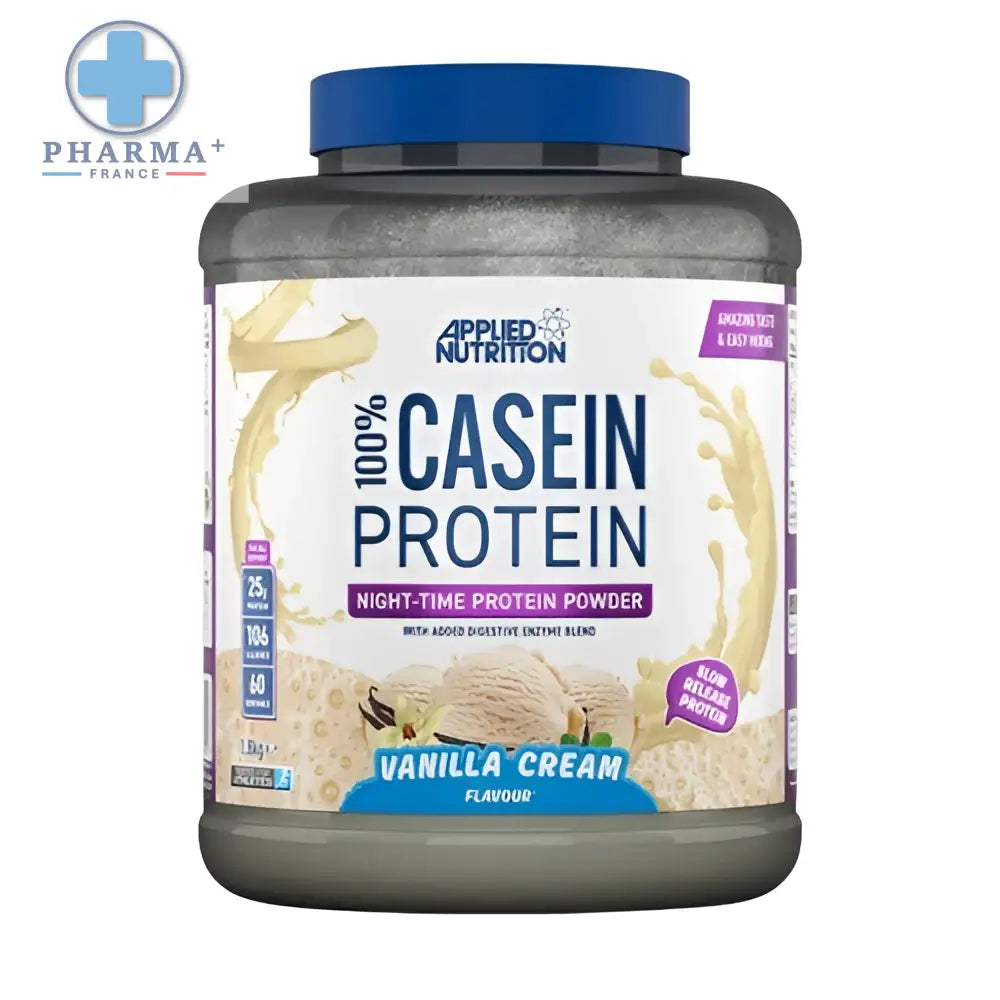 Un contenant gris en plastique avec un couvercle bleu d applied nutrition casein protéine saveur crème vanille 1,8 kg pour nutrition sportive protéinée