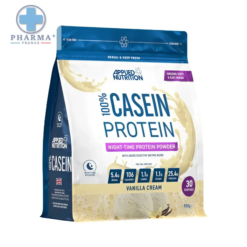 Sachet de 1,8 kg de casein protéine vanilla cream bleu et blanc par applied nutrition pour récupération musculaire