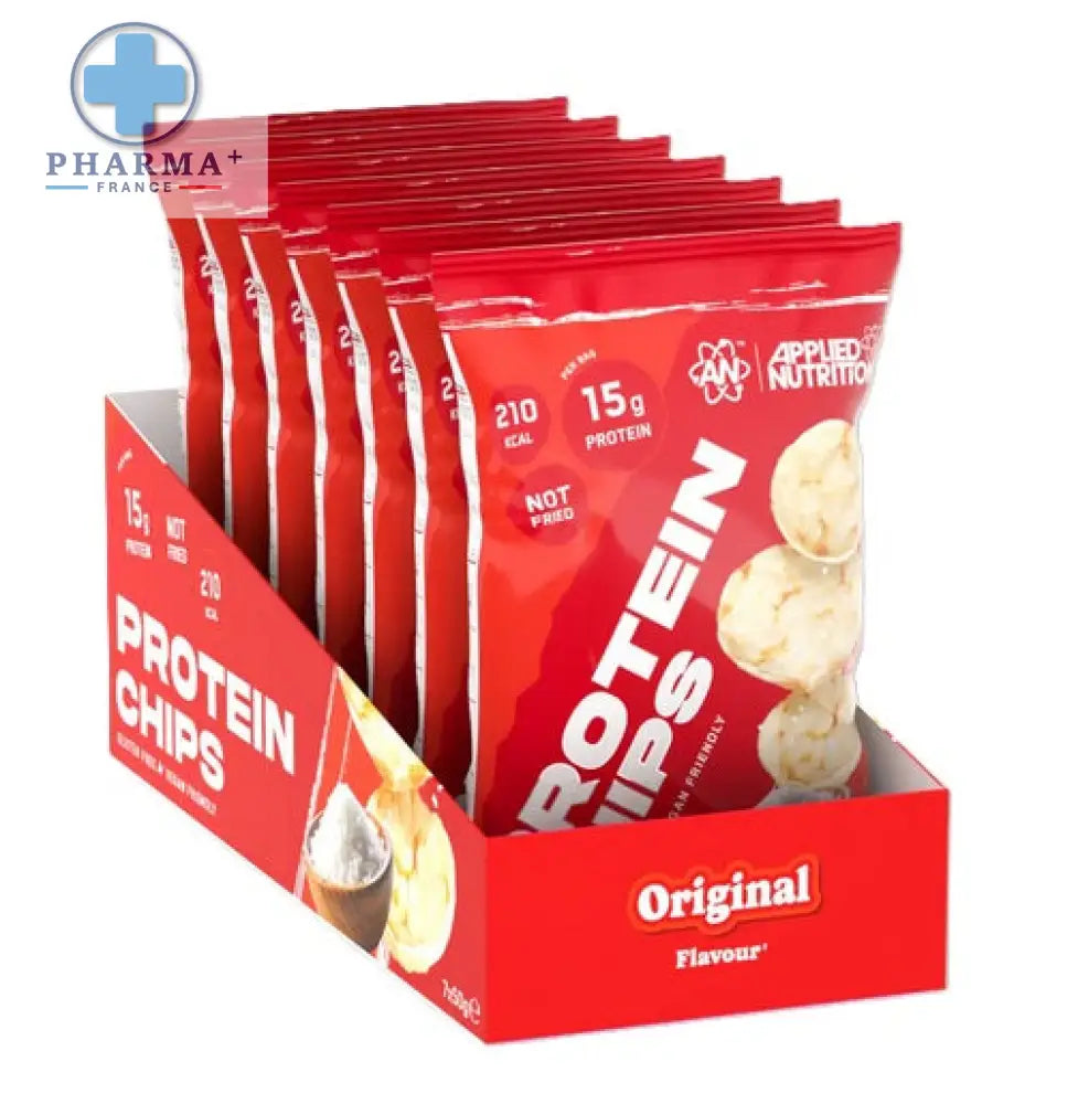 Paquets rouges de nutrition protéine applied nutrition chips protéine saveur originale avec logo blanc et argent