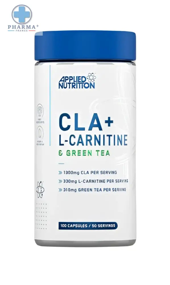 Bouteille blanche cylindrique applied nutrition cla l-carnitine et thé vert avec étiquette bleue et détails nutritionnels 100 capsules