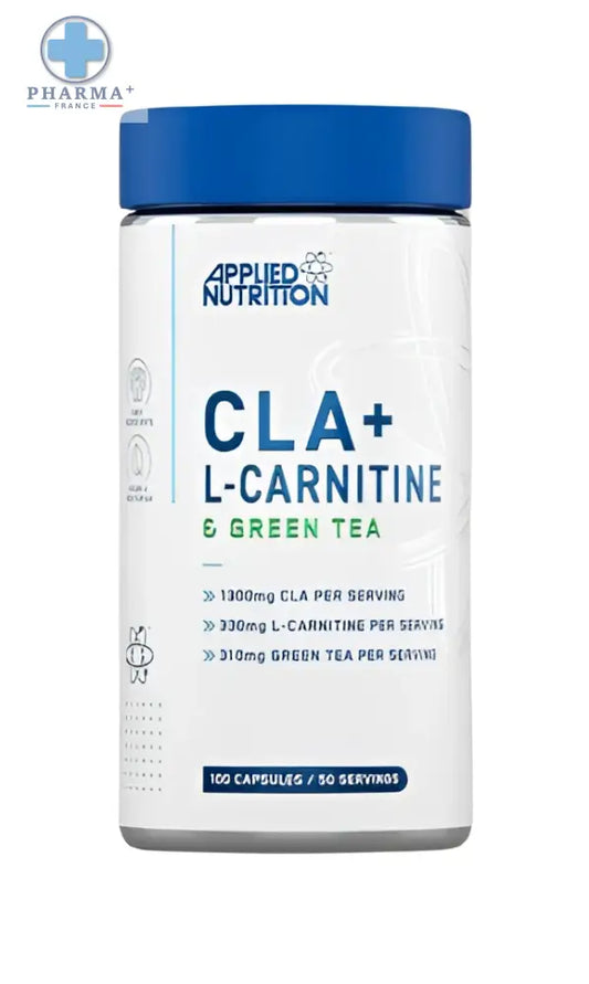 Bouteille blanche cylindrique applied nutrition cla l-carnitine et thé vert avec étiquette bleue et détails nutritionnels 100 capsules