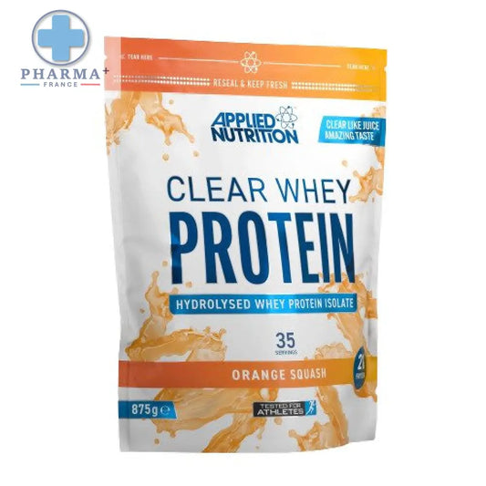 Applied nutrition clear whey protein orange squash en pochette avec emballage refermable orange et blanc vibrant