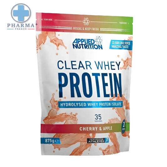 Applied nutrition clear whey protéine cerise pomme 875 g en sachet blanc avec éclaboussures orange sur emballage