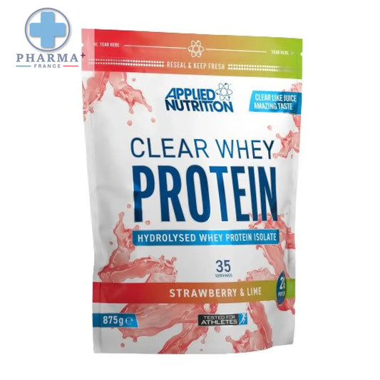 Applied nutrition clear whey protéine fraise citron vert en pochette refermable avec graphismes éclatants rouges et verts