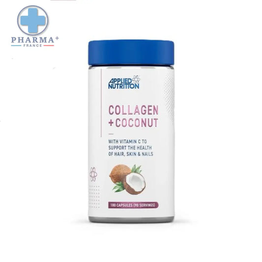 Bouteille de complément applied nutrition collagène avec coco 160 ml, bouchon bleu et étiquette blanche avec texte rose