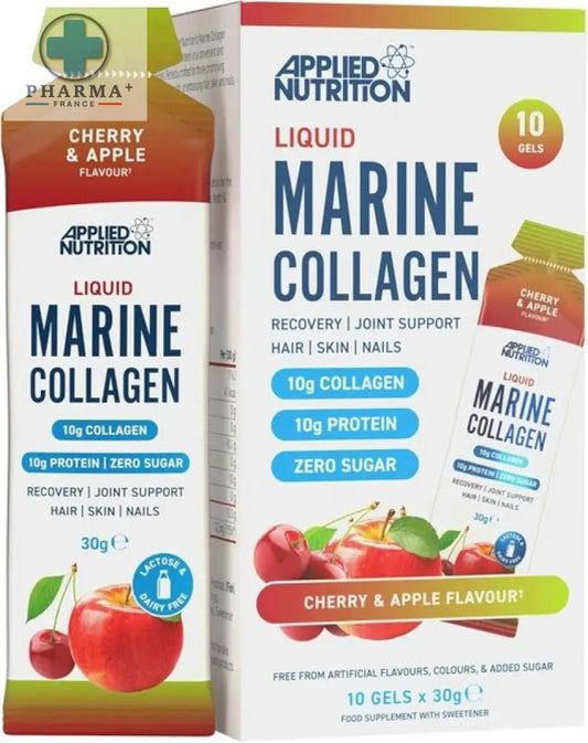 Applied nutrition collagène marin liquide pomme cerise en gel sachets blanc vert rouge avec image de fruits
