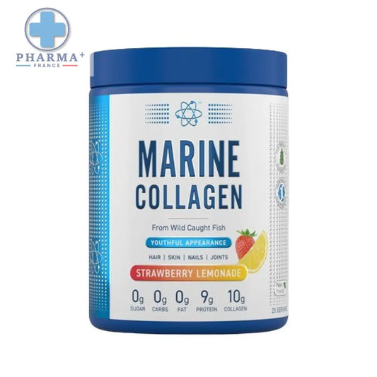 Blue cylindrical container of applied nutrition marine collagen in strawberry lemonade flavor with white and blue label