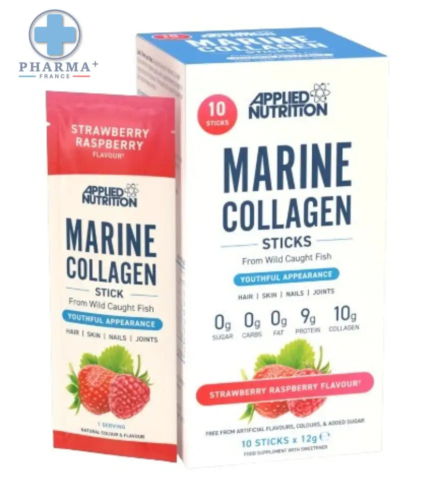 Applied nutrition marine collagène stick saveur strawberry raspberry en emballage rouge et blanc