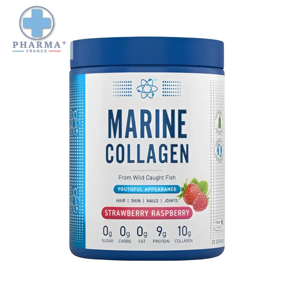 Conteneur bleu cylindrique de collagène marin applied nutrition saveur strawberry raspberry 300 g