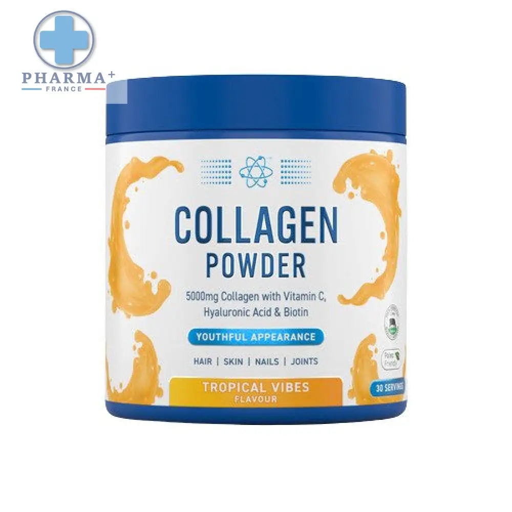 Conteneur bleu à couvercle bleu de poudre de collagène applied nutrition tropical vibes avec étiquette blanche et motifs orange