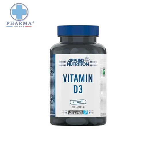 Flacon de complément alimentaire applied nutrition vitamine d3 avec bouchon bleu et 90 comprimés sur étiquette blanche