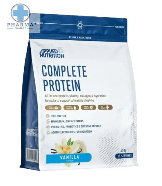 Poche blanche et bleue de applied nutrition complete protéine vanille en poudre 2 kg pour nutrition complète